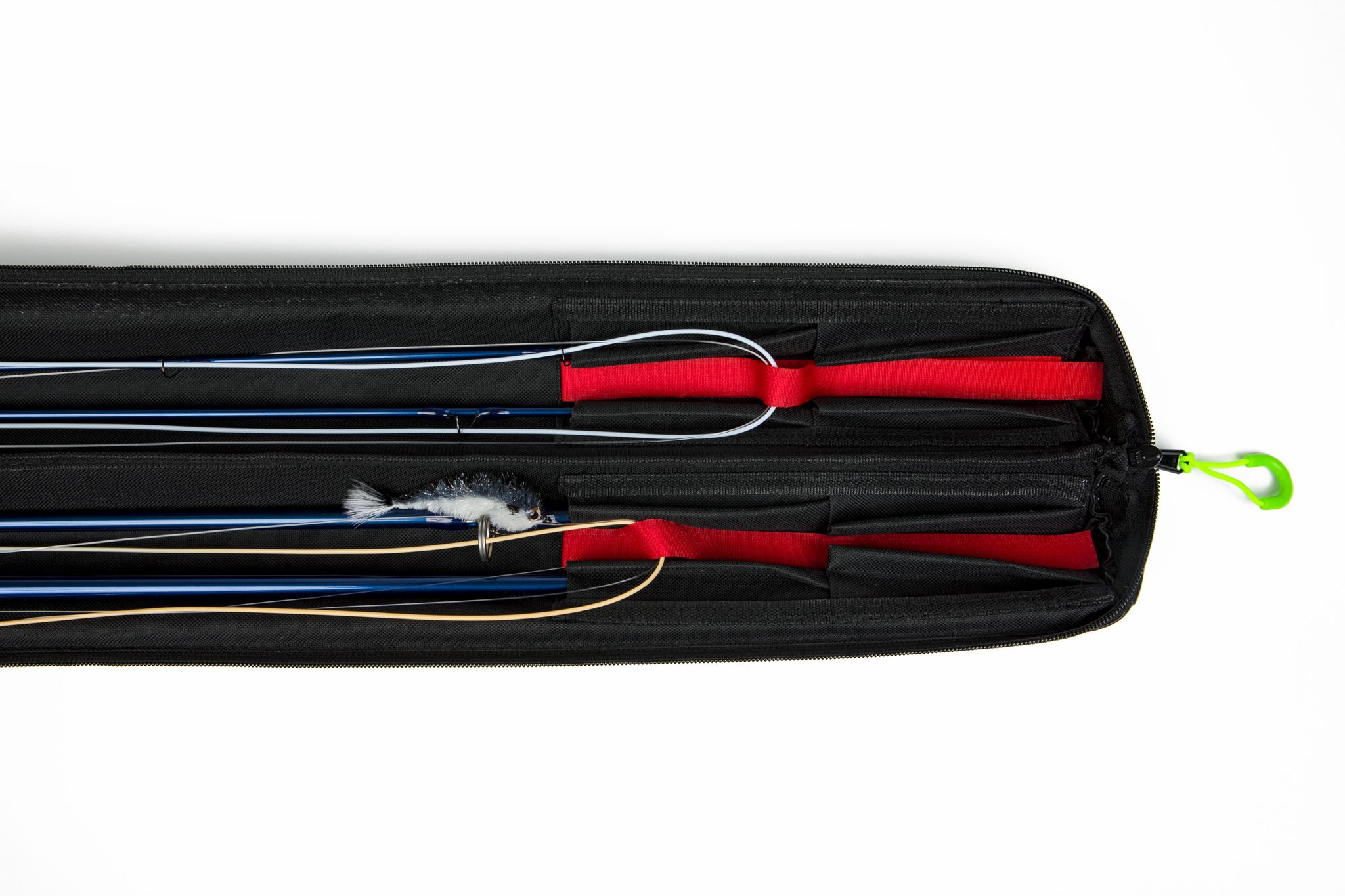 Hook-and-loop straps secure the fly line and sleeves hold rod sections