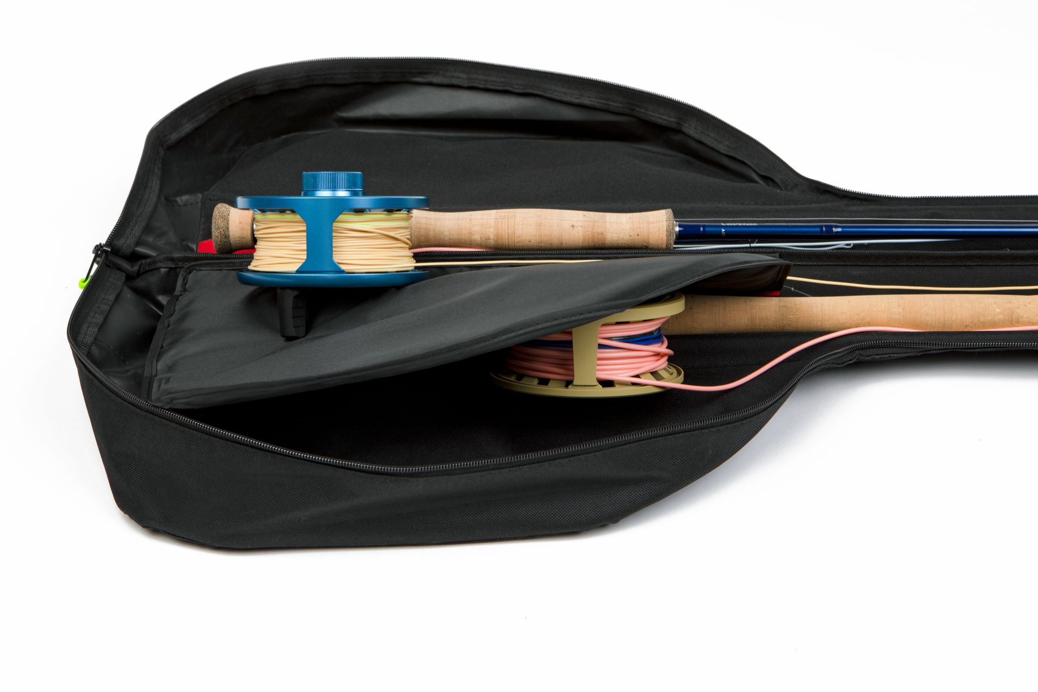 Padded divider protects fly reels during transport